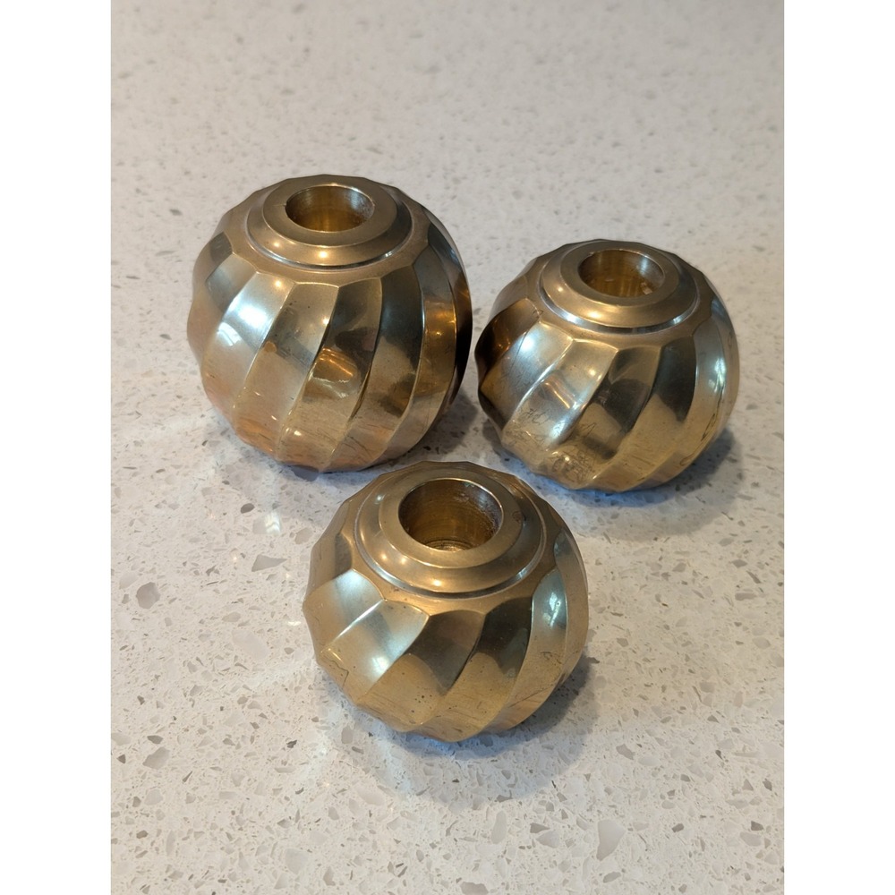 Set‎ of 3 Vintage Brass Round Ball Twisted Taper Candlestick Holder India